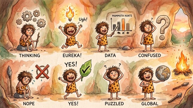 A sticker set of a cartoon caveman character showcasing various educational and idea concepts like Eureka, Idea, and Checklist.