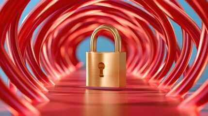 Fototapeta premium Golden padlock inside glowing red abstract tunnel with data stream effect