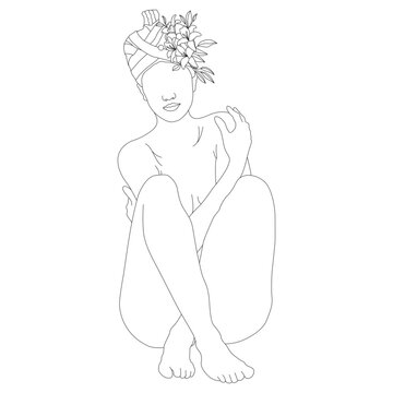 Line Art Sitting Woman Portrait with Turban and Floral Crown Vector PNG Isolated on Transparent Background