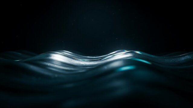 Abstract liquid wave surface with reflective metallic texture and dark teal gradient tones suitable for luxury product branding or futuristic web design background.
