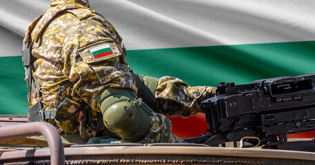 Fototapeta premium Bulgaria flag with soldier at machinegun turret