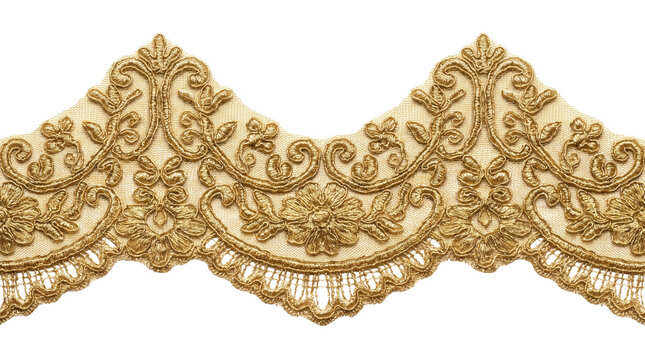 Luxurious Gold Metallic Embroidery Fabric Trim Featuring Intricate Floral Patterns and Scalloped Edges for Custom Wedding Apparel Embellishments and Sophisticated Interior Home Textile Decoration