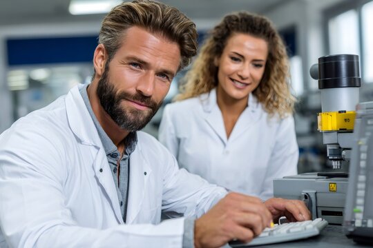 Scientists collaborating on research in a modern laboratory
