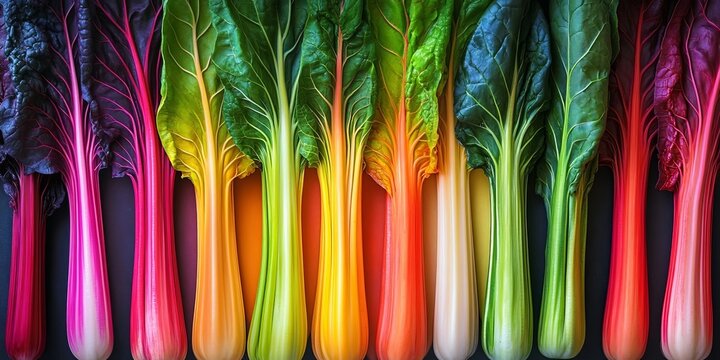 Fresh Rainbow Swiss Chard Bunches Arranged in Colorful Rows with Texture and Glossy Leaf Detail