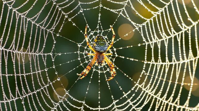 Macro Close-Up of a Spider Centered in Its Dew-Kissed Web Against a Naturally Blurred Background