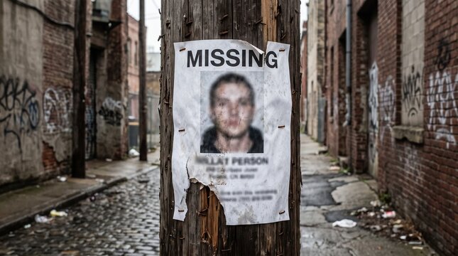 Faded missing person poster attached to a wooden utility pole in a gritty urban alleyway