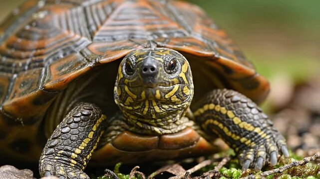 Macro Close-Up Of A Turtle Head Emerging From Its Shell Showcasing Intricate Patterns And Colors In Nature