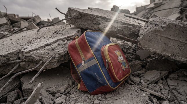 Child's colorful backpack buried under concrete rubble after a disaster