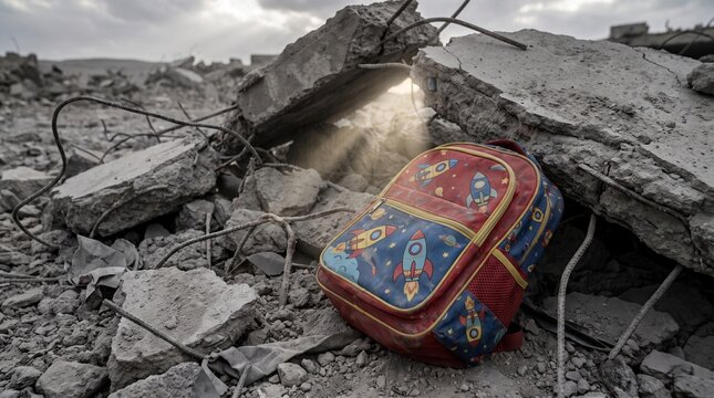 A child's rocket-themed school backpack abandoned under heavy concrete debris from a collapsed building.