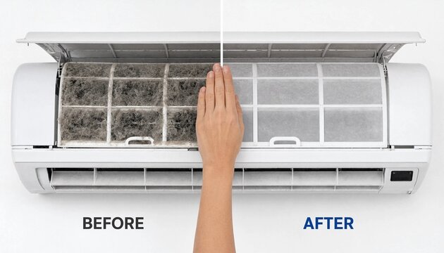 A split comparison showing a dirty air conditioner filter versus a clean one with a hand pointing to the difference