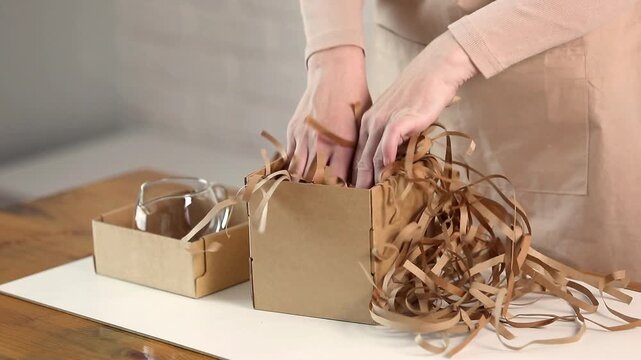 Worker hands filling cardboard box with shredded paper filler for safe shipping