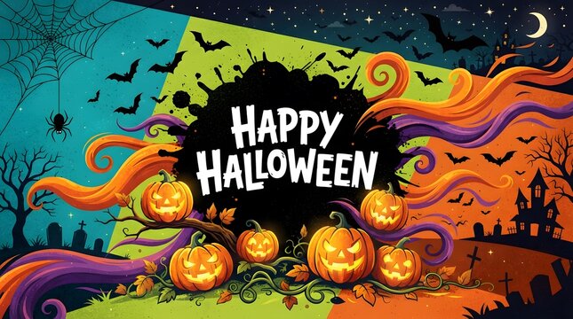 Vibrant halloween illustration with pumpkins and haunted house