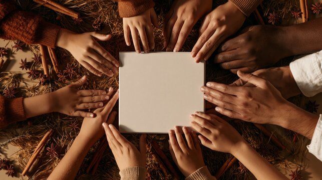 Diverse age-spanning hands reaching for a blank luxury advent calendar box in a festive setting. Concept of advent calendar packaging mockup.