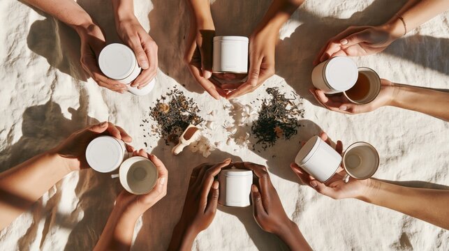 Elegant hands presenting a blank tea tin on a linen surface with dried petals. Concept of premium tea packaging mockup.