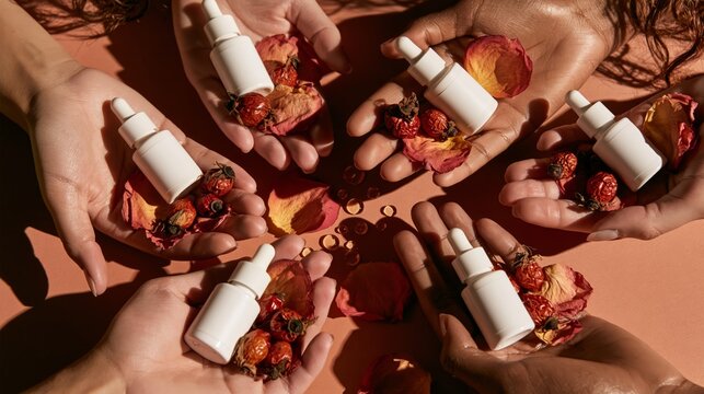 Gentle diverse female hands presenting a blank rosehip face oil bottle on a botanical surface. Concept of rosehip oil packaging mockup.