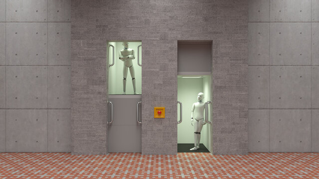 Robot standing in elevator, watching each other