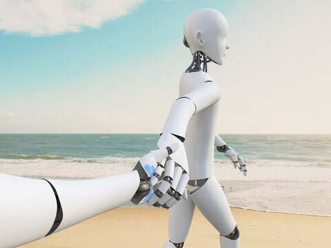Robot walking hand in hand on the beach, 3d rendering