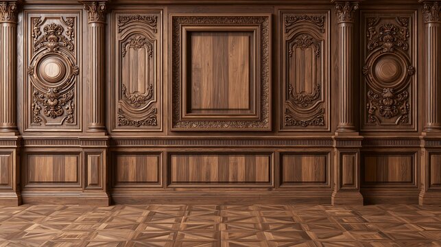 Ornate walnut wood wall paneling featuring intricate carvings, classical columns, rectangular frames, elegant moldings, rich brown tones, and polished surfaces.