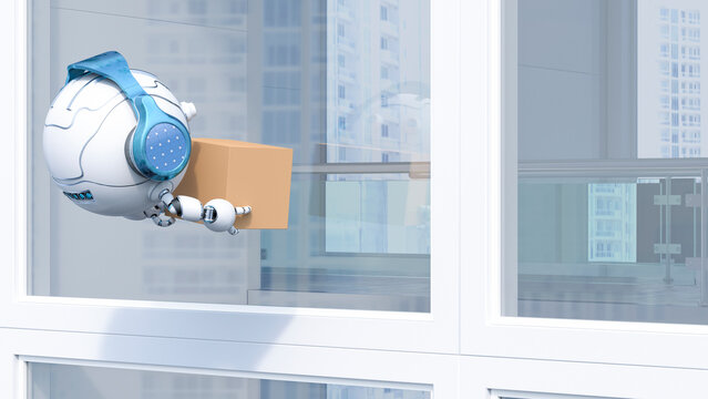 Robotic drone delivering cardboard box, 3d rendering