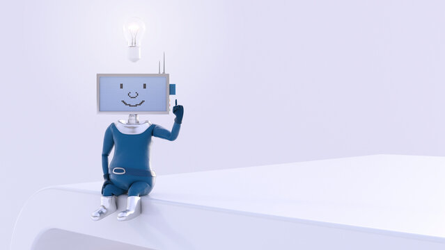 Monitor-headed manikin sitting on desk, thinking with burning light bulb hovering over his head