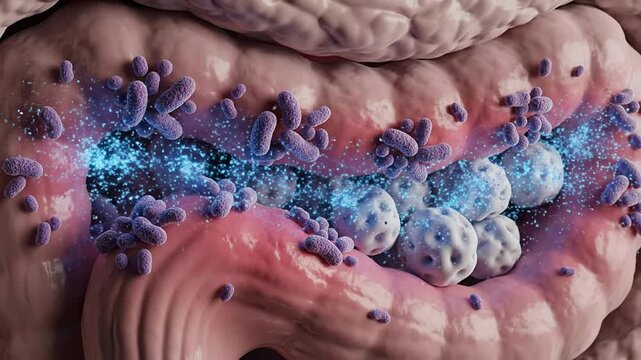 Vibrant 3D Representation Of Beneficial Bacteria Interacting In The Microbiome To Illustrate Inflammation Resolution In Human Intestines