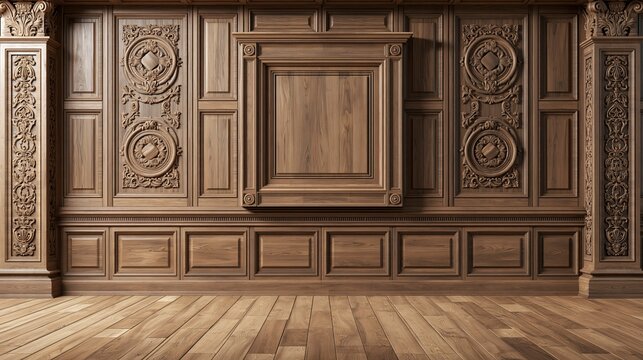 Ornate walnut wood wall paneling featuring intricate carvings and detailed craftsmanship in a classic interior room with polished hardwood floors