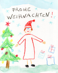 Child drawing of Christmas tree and gifts with German greeting