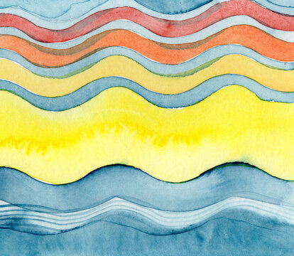 An abstract watercolor painting depicts colorful ocean waves