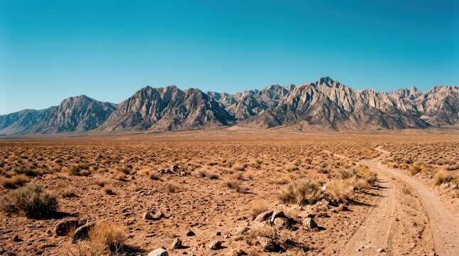Majestic rocky desert mountains rise above a dusty dirt road under a clear blue summer sky