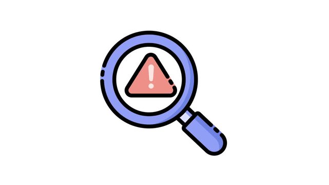 Magnifying glass with warning sign inside representing search error or alert.