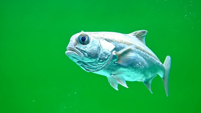 Vibrant Hatchetfish Hovering Gracefully at a Slight Angle with Reflective Scales Against a Vivid Green Background