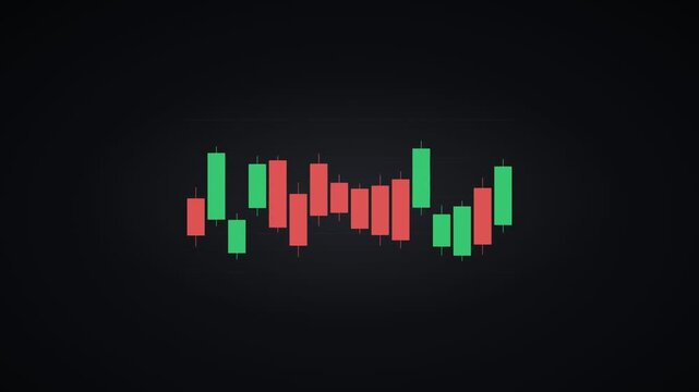Financial candlestick chart on dark background, green and red stock market trading bars, digital forex exchange data visualization