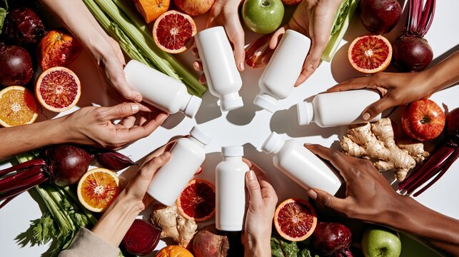 Diverse hands presenting a blank cold pressed juice bottle amid fresh cut fruits. Concept of juice packaging mockup.