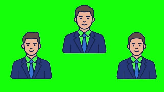 Animated businessman profile avatar icon set for corporate team vector graphic on green screen