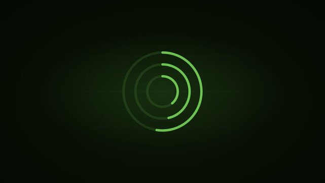 Futuristic green loading animation, digital HUD interface with rotating circular progress bars, high-tech data processing loop