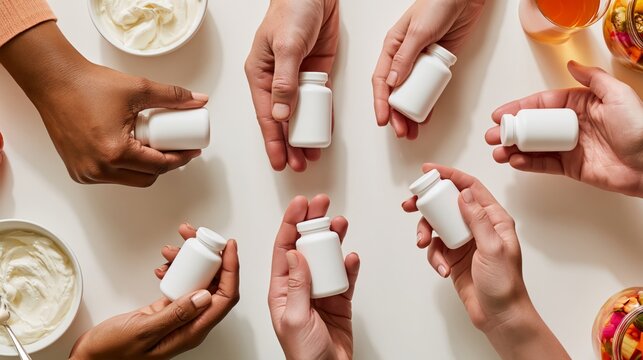 Health-conscious diverse hands presenting a blank probiotic supplement bottle on a white kitchen surface. Concept of probiotic packaging mockup.