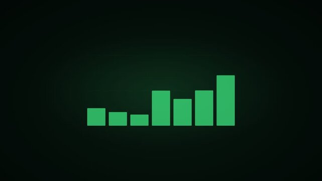 Green digital audio spectrum bars, glowing sound frequency equalizer on dark background, electronic music visualization interface