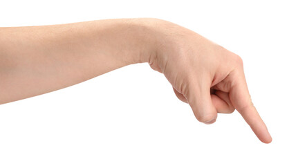 Fototapeta na wymiar Male hand pointing downward with index finger, isolated on transparent cutout background
