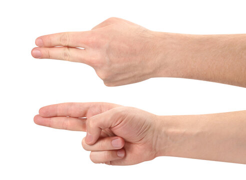 Set of male hands making finger gun gestures, isolated on transparent cutout background