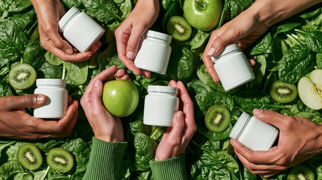 Diverse hands presenting a blank spirulina powder canister amid vivid green ingredients. Concept of health powder packaging mockup.