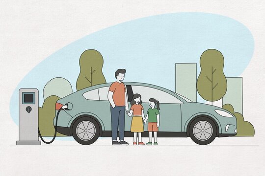 Family standing by electric car at charging station outdoors