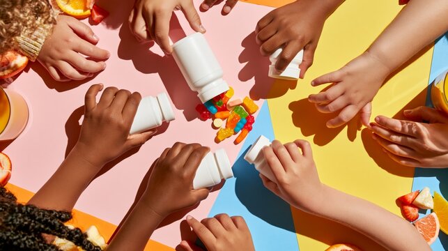 Children's diverse hands reaching for a blank kids multivitamin bottle on a colorful kitchen table. Concept of children's vitamin packaging mockup.