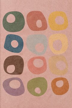 Colorful abstract shapes form a playful pattern on textured paper