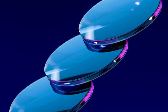 Abstract 3D render shows overlapping blue glass shapes
