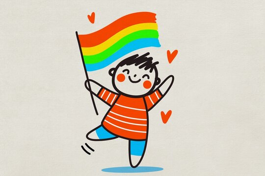 A cheerful cartoon character holds a rainbow pride flag with love