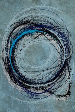 Abstract blue painting features a chaotic circle of brush strokes