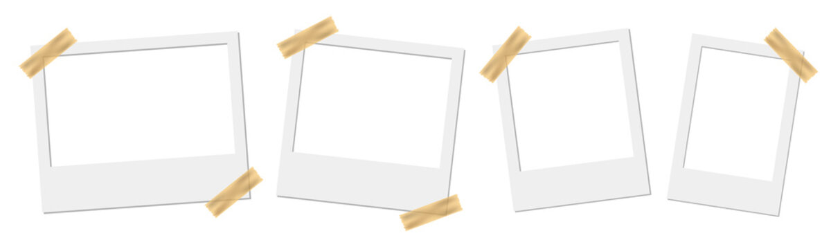 Set of PNG blank instant photo frames attached with adhesive tape on a white background, featuring angled layouts for photo display, memory collage, scrapbook and creative mockup