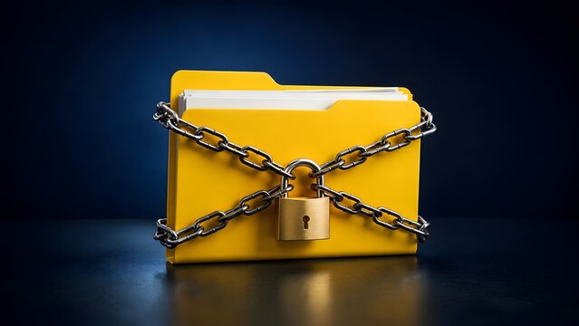 Yellow folder wrapped in metal chains secured with a brass padlock. Concept of data protection, cyber security encryption, and restricted access.