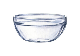 Empty glass bowl watercolor illustration on isolated background. Hand painted transparent kitchen utensil. Concept of kitchenware, cooking ingredient container, and simple home object design.