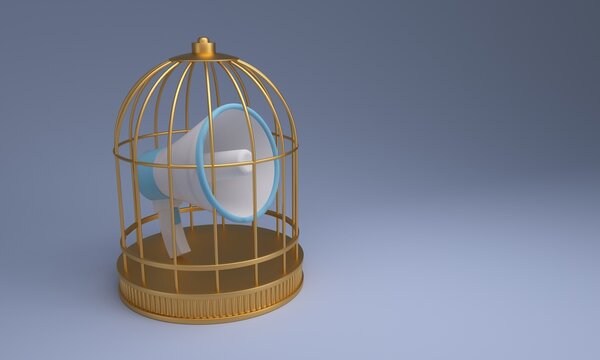 A golden cage traps a megaphone to represent media censorship